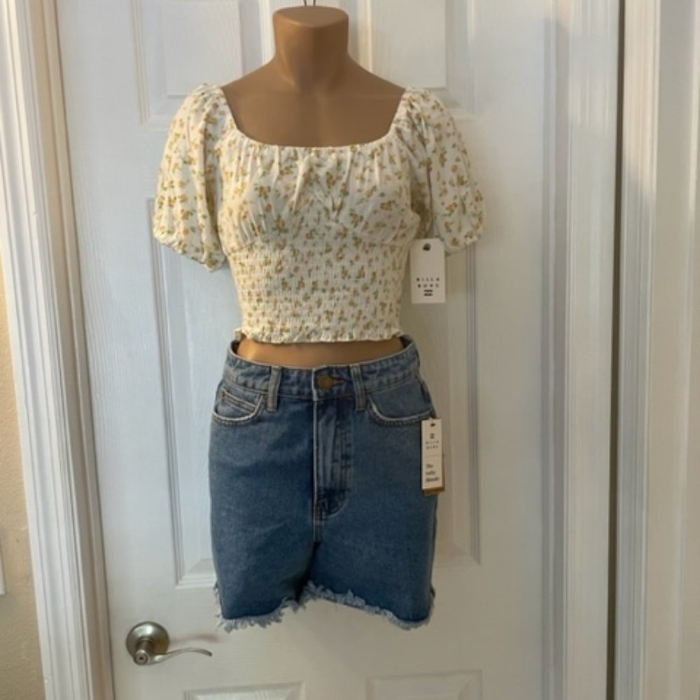 NWT NEW $76 BillaBong The Salty Blonde Fringe Denim Shorts with Palm Tree 25